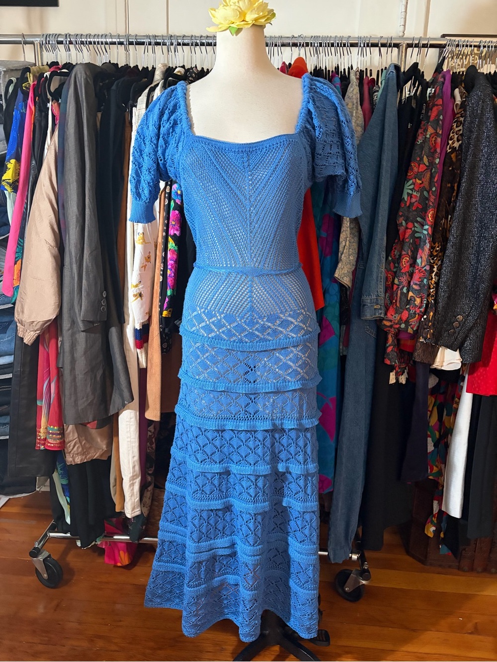 AQUA Bloomingdale’s Blue Crochet Knit Ruffled Midi Dress Boho